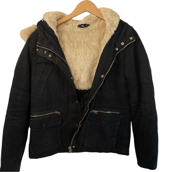 TOP SHOP Women Black Cotton Hooded Parka Jacket Sz 14 Faux Fur Lined Gold Zipper - Picture 2 of 13